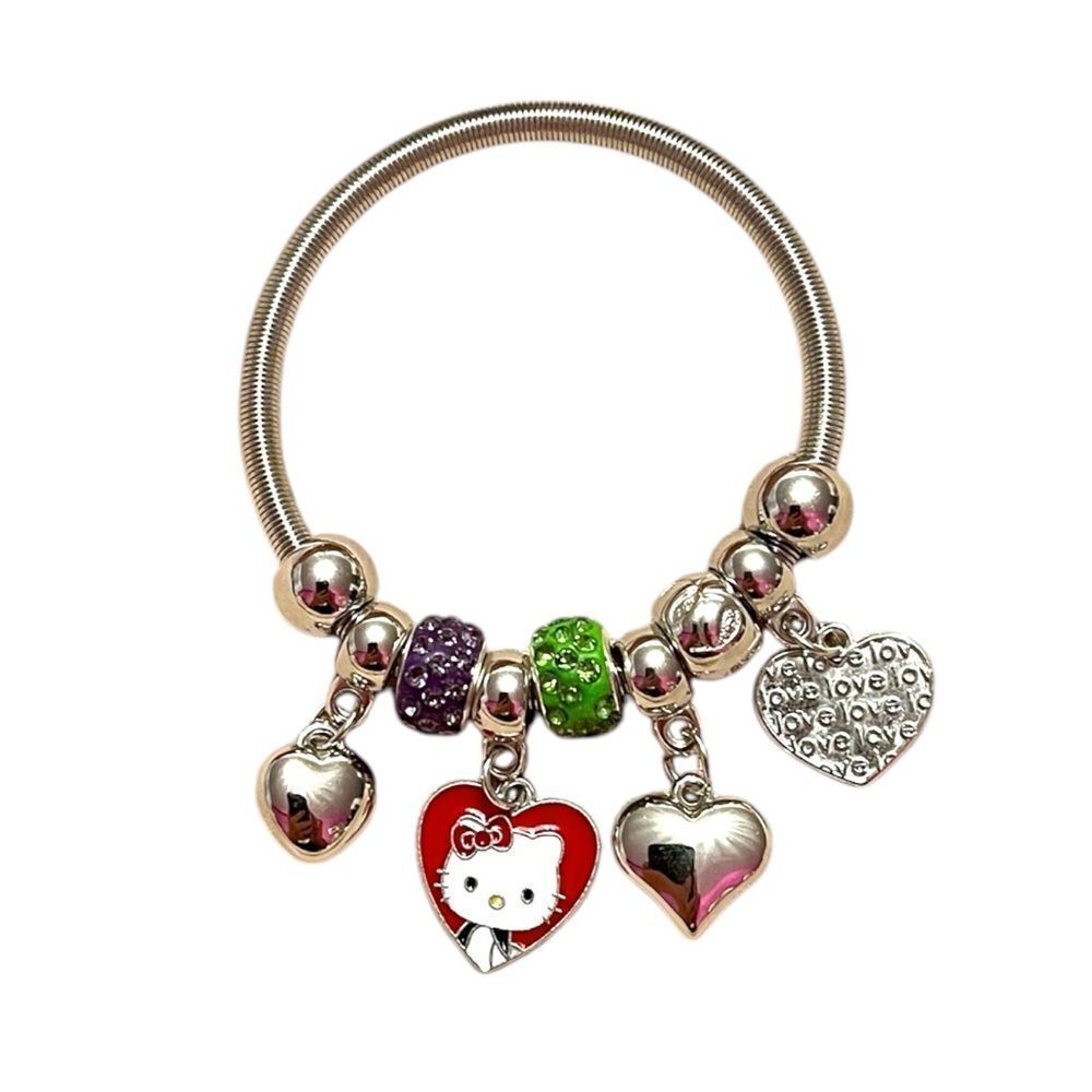 Hello Kitty Hearts Purple And Green Rhinestone Silver Tone Kids’ Charm Br…